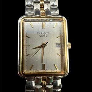 Bulova Two-Tone Silver and Gold Rectangular Dress Watch. New old stock. Unused